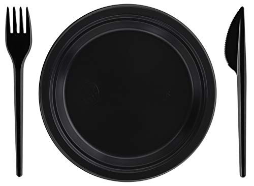 RAGO Plastikbesteck, 250 teiliges EINWEG Plastik Besteck Set - 100 Messer, 100 Gabeln, 50 Deluxe Teller (22cm) - Schwarz