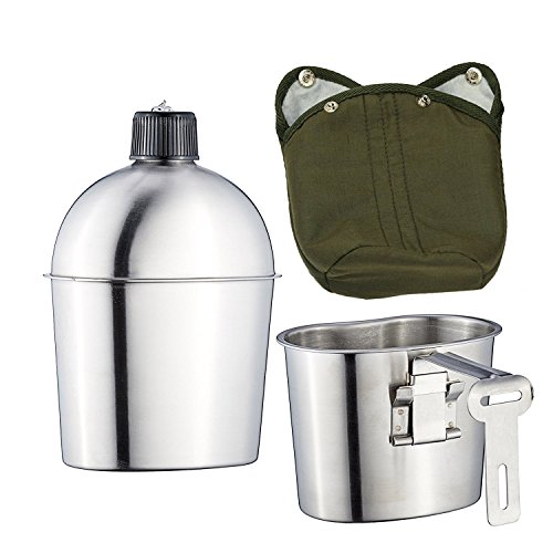 Pinty 1L Feldflasche Feld Flasche Wasserflasche Trinkflasche Trinkbecher mit Stofftasche Militär Kochgeschirr Camping Wandern Outdoor Überleben Edelstahl
