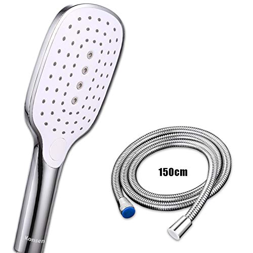 Konsen KS-586 Duschkopf wassersparend Handbrause mit 3 Strahlarten und einen extra Edelstahl Schlauch, Weiß/Chrom