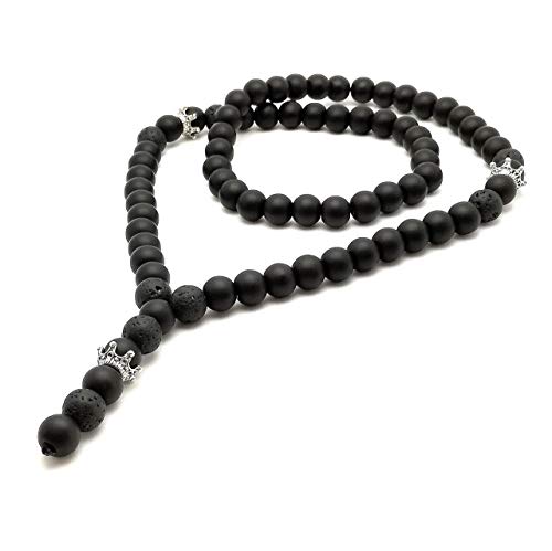 Herren Halskette mit Edelstein Onyx Lava Perlen Krone Schmuck Stahl Königskette Y-kette Rosenkranz/ALLA
