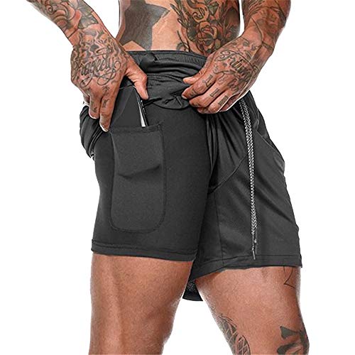 Vertvie Herren 2 in 1 Shorts Schnell trocknend Laufshorts 2019 Neue Kurze Tights Trainingsshorts Atmungsaktiv Innerer Kompressionsshorts mit Handytasche(Schwarz, EU L/Tag XL)