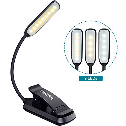 Leselampe Buch Klemme OMERIL Leselampe LED mit 9 LED, 3 Modus, Helligkeit Stufenlos Einstellbar, USB Wiederaufladbare Buchlampe LED Klemmleuchte Flexibel für NachtLesen, Büro, Buch, bett.