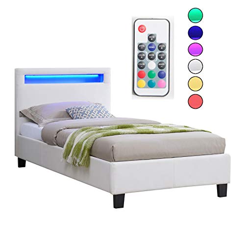 CARO-Möbel Polsterbett Mandalay mit LED Beleuchtung Einzelbett Lederbett 90 x 200 cm mit Lattenrahmen, Lederimitat in weiß