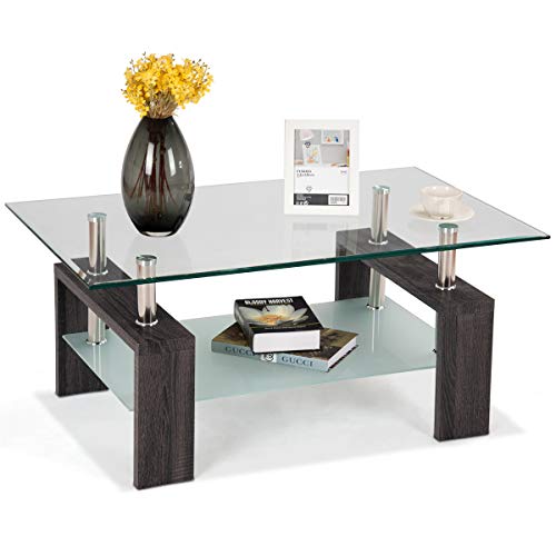 COSTWAY Couchtisch Wohnzimmertisch Sofatisch Beistelltisch Kaffeetisch Glastisch, mit Stauraum, 2 Etagen, Tischplatte aus Sicherheitsglas, für Wohnzimmer/Balkon/Flur, schwarz