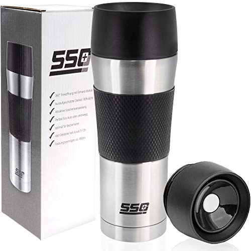 SSC+ Thermobecher Isolierbecher Travel Mug Becher, 450ml Isobecher Kaffeebecher Reisebecher Edelstahl, Coffee to go Eis Kaffee Tee, mobiler cup Trinkbecher Deckel auslaufsicher mit press Verschluss