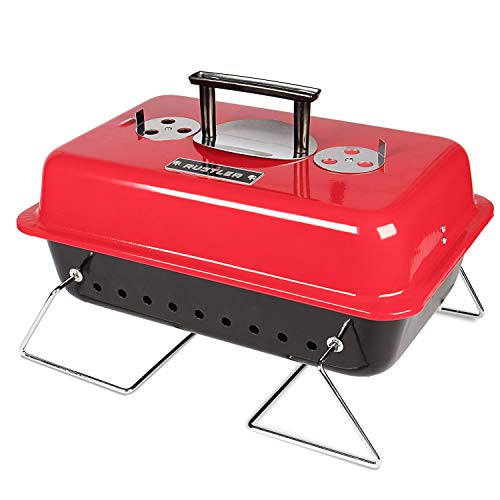 Rustler Holzkohle Picknickgrill 15 cm , rot emailiert , Tragbarer Grill mit Deckelthermometer, klappbaren Standfüßen & großer Grillfläche , Klappgrill für Garten, Balkon, Festival & Camping