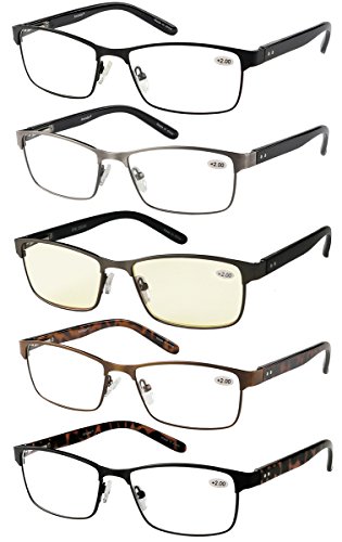 Amcedar 5 stuks Lesebrille Herren Rechteck Rahmen Metall Grau Edelstahl Material Federscharniere Enthalten Computer Lesebrille 2.00