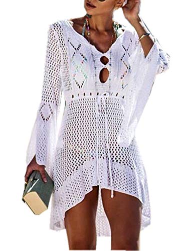 ZIYYOOHY Elegant Crochet Stricken Bikini Cover Up Boho Strandponcho Strandkleid (One Size, Weiß)
