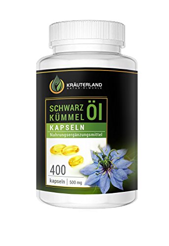 Schwarzkümmelöl Kapseln • 400 à 500mg • Ägyptisch • Kaltgepresst • 100% rein • Vitamin E • Mühlenfrisch direkt von Kräuterland Ölmühle • Schwarzkümmelölkapseln Made in Germany • Premium Qualität