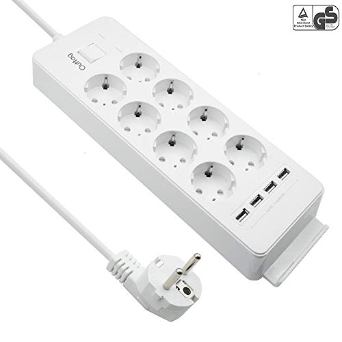 Outtag Mehrfachsteckdose 8-Fach Steckdosenleiste Wandmontage Stromverteiler mit 4 USB Ports und Überspannungsschutz, Kindersicherung, Schalter, 1,5 m Kabel, GS zertifiziert (Weiß)