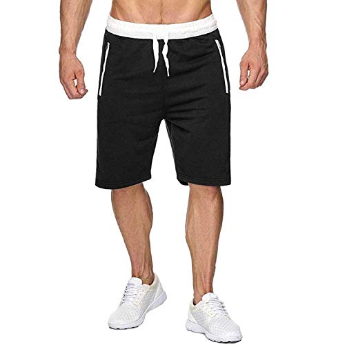 CHYU Herren Sport Joggen und Training Shorts Fitness Kurze Hose Jogging Hose Bermuda Reißverschlusstasch (M, Schwarz)