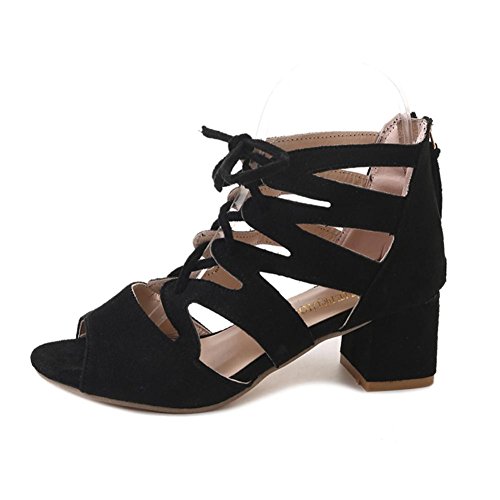 Ba Zha Hei Damen Sandaletten Blockabsatz Sandalen Sommerschuhe Wildleder-Optik Schaftsandaletten Wildleder Fischmund Bandagen Dick mit Sandalen Schuhe (Schwarz, 39)