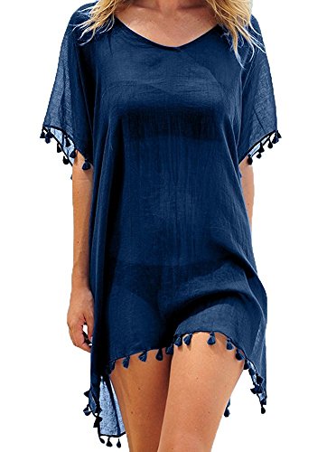 Tkiames Damen Strandkleid Bikini Cover Up Sommer Bademode Stricken Beach Kleider (Einheitsgröße, Marine 2)