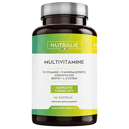 Multivitamin-Kapseln 29 essentielle Nährstoffe | Vitamine A, B, C, D, E, K, Biotin, L-Cystein, Coenzym Q10 und 9 Mineralstoffe | Multivitamin-Komplex 60 Kapseln | Nutralie