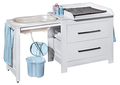 Belivin 3in1 Wickelkommode weiß | Wickeltisch weiß | ausziehbare Badewanne | umbaubar zur normalen Kommode | große Schubladen | inkl. extra großen abnembaren Wickelaufsatz | besonders stabil