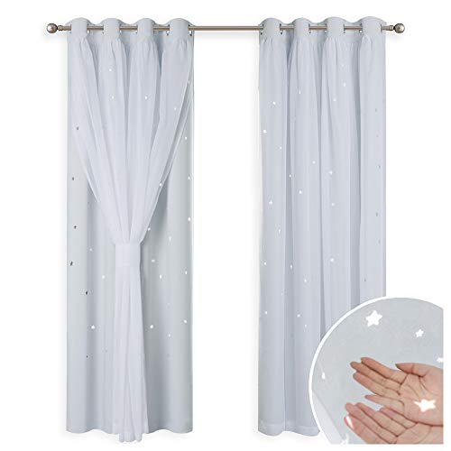 PONY DANCE Sterne Vorhang Blickdicht - Voile gardinen Ausgehölten Sterne Gardinen Verdunkelung Kinder Gardinen Schlafzimmer Ösenschal, 2 Stücke H 213 x B 132 cm, Grau-weiß