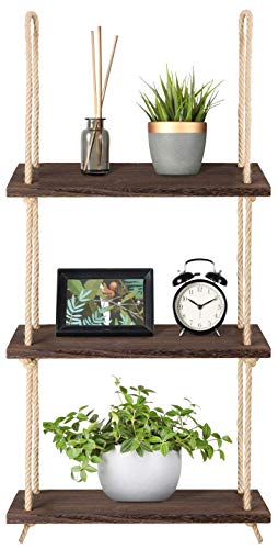 Mkouo Holz Hängendes Regal Wandschaukel Lagerregale Jute Seil Organisator-Rack, 3 Tier