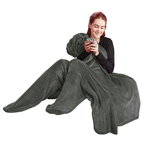 CelinaTex TV-Decke Kuscheldecke mit Ärmel und Fuß Tasche XL 170 x 200 cm grau Coral Fleece Tagesdecke Mikrofaser