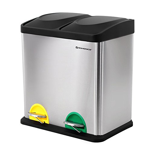 SONGMICS Mülleimer Abfallbehälter Abfalleimer mit Inneneimer Mülltrennsysteme Treteimer Edelstahl (30 Liter 2x15L, Gefärbt)