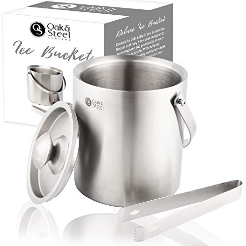 Premium Eiseimer, 2 Liter - Elegantes Silber Eiskübel - Doppelwandiger Isolierter Edelstahl - Eiswürfelbehälter mit Griff, Deckel & Zangen - Barzubehör für BBQ Cocktail Partys Geburtstage Jubiläen.