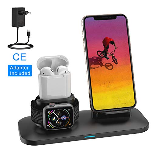 SIMPFUN Ständer Kompatibel für Apple Watch, Serie 4,3,2,1, Airpods, 7.5W Fast Wireless Charger Ständer Qi Ladegerät 3 in 1 Ladestation für iPhone XS/XR/X/ 8/8 Plus Samsung Qi-fähigen Geräte