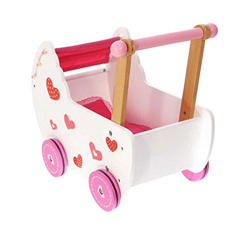 Eco Toys Puppenwagen Puppenmöbel Lauflernwagen Schiebewagen rosa/weiß mit Bettwäsche