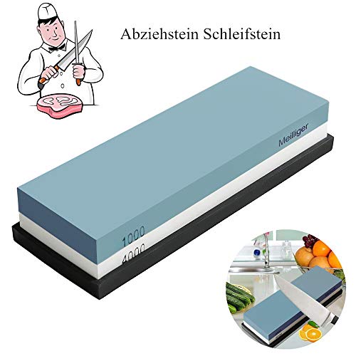 Meilliger Schleifstein Körnung 1000/4000 Abziehstein doppelseitiger Messerschleifer Messerschärfer Wetzstein Schleifhilfe Set für Messer mit Rutschfestem Silikonhalter