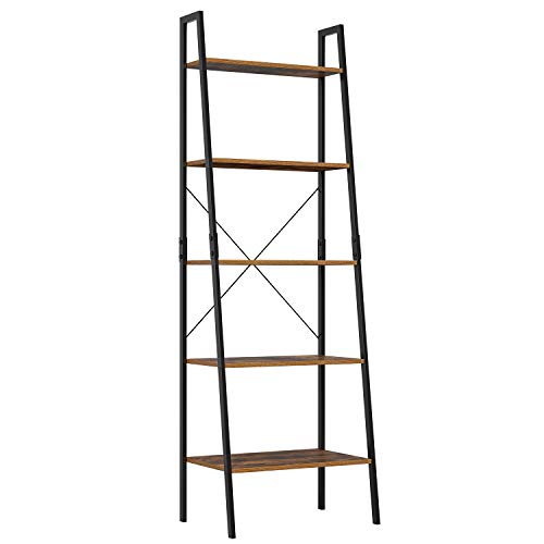 Homfa Standregal Leiterregal mit 5 Etagen Bücherregal Pflanzenregal Blumrenregal Balkonregal Badregal aus Metall und Holz Vintage Industrial schwarz 171x56x38.5cm