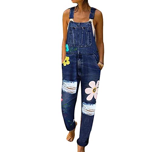 LASPERAL Damen Latzjeans Weites Bein Große Größen Denim Latzhose Overalls Strampler Jeans Boyfriend Destoryed Zerrissene Loose Fit Jumpsuits Baggy Hosen Blumen Drucken