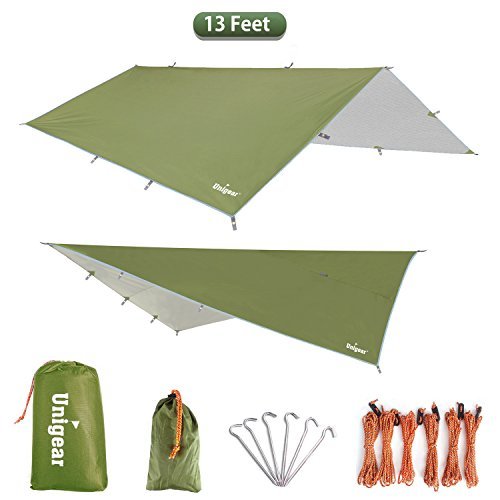 Unigear Zeltplane, Tarp für Hängematte, mit Ösen + 6 Erdnägel+ 12 Seilen, Regenschutz Sonnenschutz für Camping Ourdoor, wasserdicht