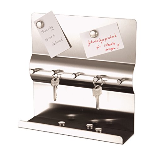 axentia Schlüsselboard in Silber, Memoboard aus rostfreiem Edelstahl, Schlüsselbrett mit fünf Schlüsselhaken, Schlüsselleiste mit fünf Magneten