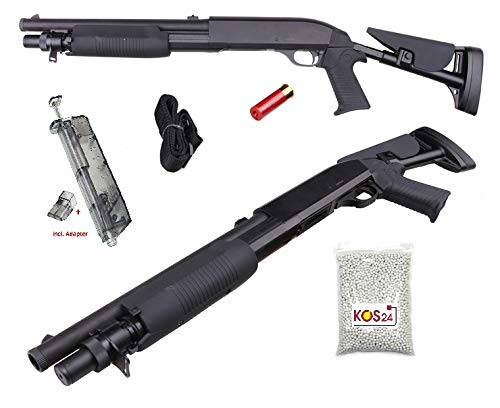 KOSxBO Set Softair Shotgun inklusive Speedloader, 2000 Premium BB Munition, Magazin (Shotshell), Taktischer Tragegurt - M56C Flinte 0,5J - 1:1 Nachbau