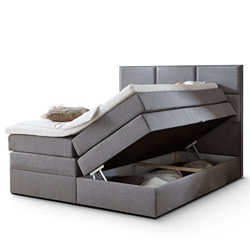 Boxspringbett York mit Bettkasten Stauraum Grau Webstoff Kaltschaum Topper H3 Taschenfederkern-Matratze Hotelbett Doppelbett (Grau, 180 x 200 cm)