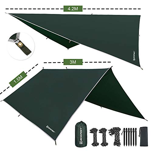 Bessport Zeltplane Sonnensegel Camping, Tarp für Hängematte PU 3000mm Wasserdicht mit Ösen + 6 Erdnägel+ 8 Seilen, leicht Regen Fliegen für Ourdoor Camping (3m x 3m)