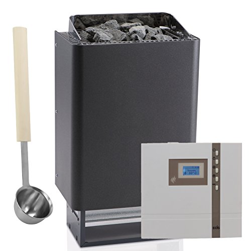 Saunaofen-Set EOS 43.FN 9kW in Anthrazit mit Perleffekt + Sauna-Steuerung EOS Econ D1 + Aufguss-Schöpfkelle EXKLUSIV