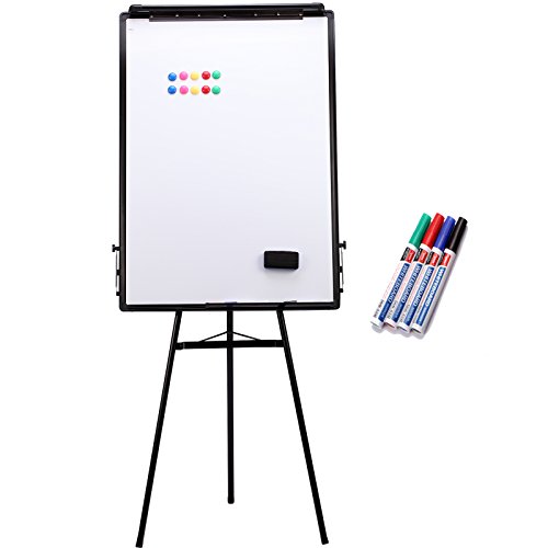 Yorbay 2-in-1 Flipchart und Whiteboard mit Dreibein Ständer, Zusammenklappbar Triangle, Inklusiv Tafellöscher und 4 Stifte und 10x Magnete, Metall, Weiß, 100 x 70 x 8 cm