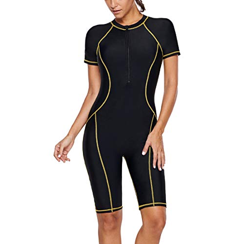 GWELL Damen Nylon Tauchanzug Schnorchelanzug Kurzarm mit Sonnenschutz Einteiler Badeanzug Wetsuit Surfanzug Schwarz M