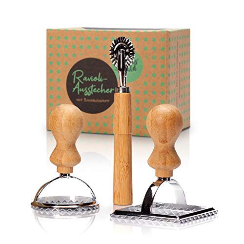 3er Set Ravioli-Ausstecher mit Bambusgriff | Ravioli-Stempel, Ravioli-Former, Ravioli-Rad ideal für Teigtaschen Maultaschen Pasta & Pierogi | Raviolischneider Stempel Former Ausstechform Stanze