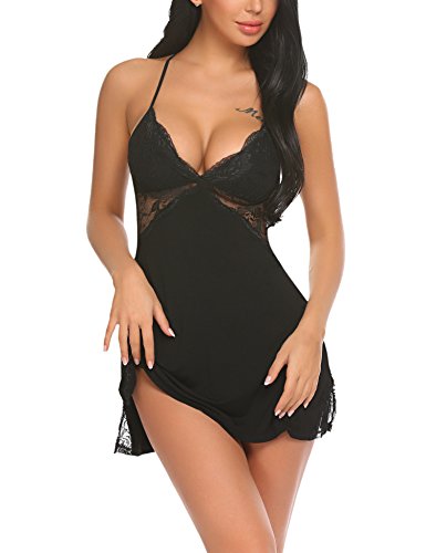 Meaneor_Fashion_Origin Sexy Negligee Nachtwäsche Nachthemd Spitze Lingerie Nachtkleid Babydoll Dessous Reizwäsche Sleepwear Kleid mit String für Damen Schwarz M