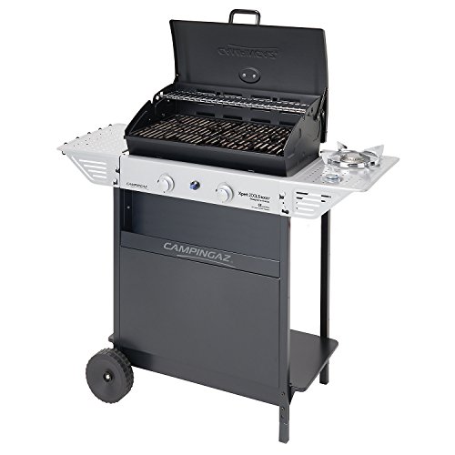 Campingaz Lavastein Gasgrill Xpert 200 LS Rocky, Grillwagen mit zwei Brennern, Seitenkocher Deckel und Thermometer