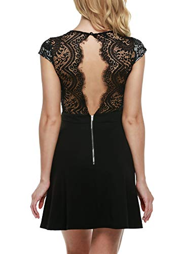 Zeagoo Damen Sexy V-Ausschnitt Spitzenkleid Floral Rückenfrei Cocktailkleid Partykleid Skaterkleid (EU 42/ XL, Schwarz-1)