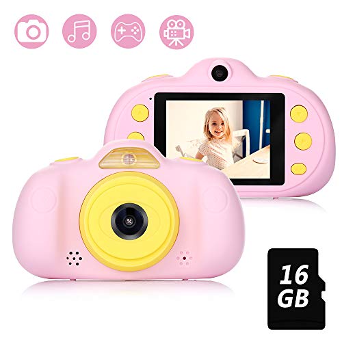 Fede Kinderkamera mit kostenloser 16GB TF-Karte,wiederaufladbare Selfie Kamera für Kinder, Kinder Digital-Camcorder mit 2,4 Zoll Bildschirm,HD 8MP/1080P Doppellinse, stoßfeste Kamera mit Silikonhülle