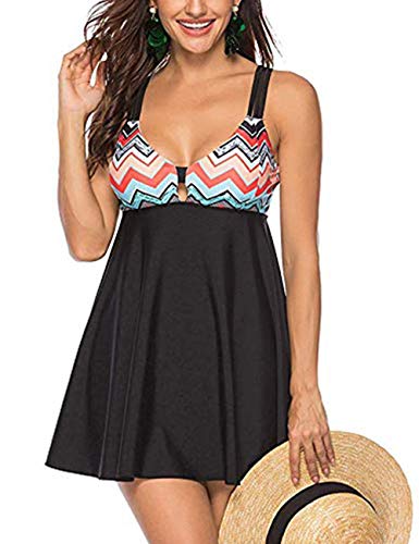 FeelinGirl Damen Badeanzug Bauchweg Badebekleidung mit Röckchen Badekleid 4XL Schwarz