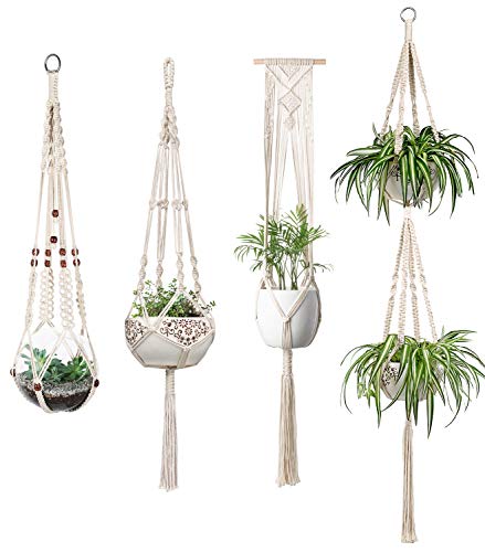 Mkouo Blumenampel Makramee Pflanzenhalter Set of 4 Indoor Wandbehang Pflanzer Korb Blumentopf Halter Boho Home Decor Geschenkbox