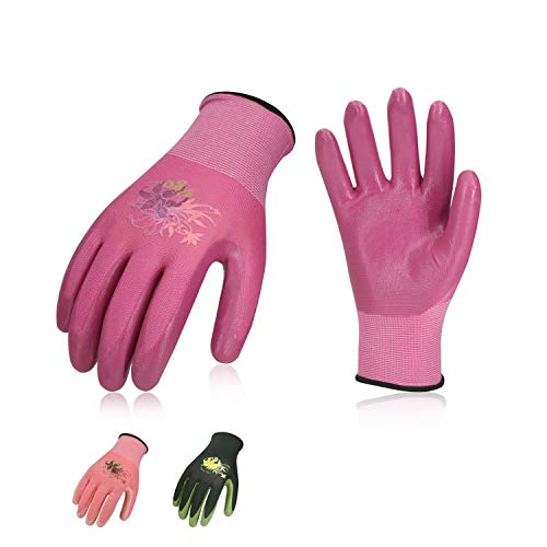Vgo 3 Paare Nitrilbeschichtungshandschuhe, Garten- und Arbeitbeitshandschuhe, Weiblich (8/M, Violett & Hellgrün & Rosa, NT2110)