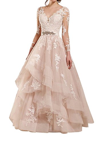 JAEDEN Lange Hochzeitskleider Brautkleid Prinzessin Ballkleider Tüll Spitze Abendkleider V-Ausschnitt Langarm