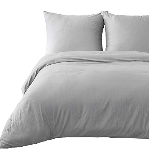 Bedsure Bettwäsche Grau 155x220cm aus Natürlich Plissierte Microfaser - Uni Farbe Vintage Bettwäsche Set mit Reißverschluss 3 teilig mit 80x80 Kissenbezüge
