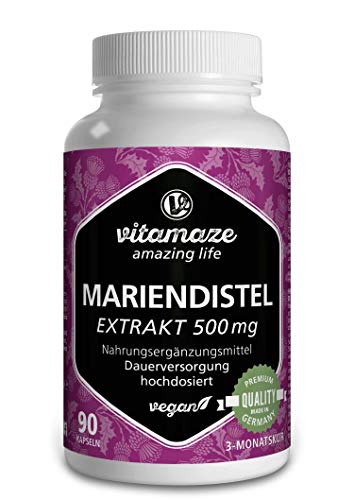 Mariendistel Kapseln hochdosiert - VEGAN 90 Kapseln für 3 Monate - 500 mg Extrakt mit 80% Silymarin Qualitätsprodukt-Made-in-Germany OHNE Magnesiumstearat, 30 Tage kostenlose Rücknahme!