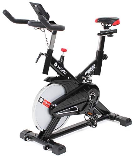 Miweba Sports Indoor Cycling MS200 Fitnessbike - 13 Kg Schwungmasse - Stufenfreie Widerstandsverstellung - Stoßdämpfer - Tablethalter (Schwarz)