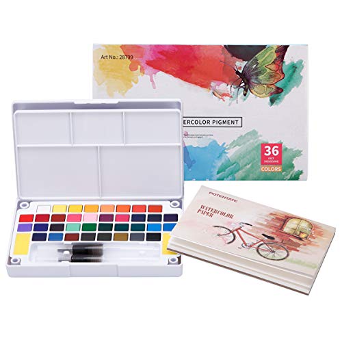 LAOYE Aquarellfarben Set 36 kräftige Wasserfarben Set - Aquarellfarbkasten inkl. 36 Wasserfarben + 12 Aquarellpapier + 2 Wassertankpinsel 2 Schwamm - Malkasten für Anfänger und Profis